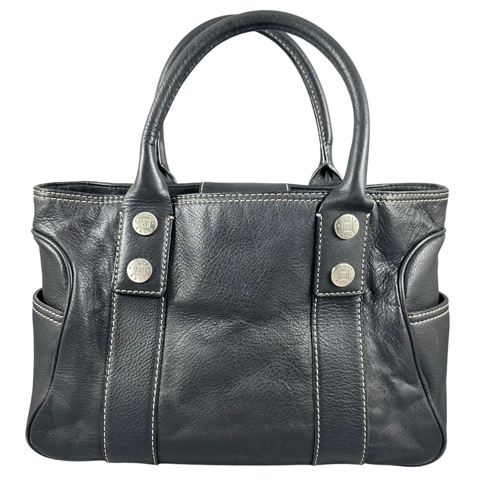 Michael Kors Black Pebbled Leather Tote Handbag White Stitching Silver Hardware